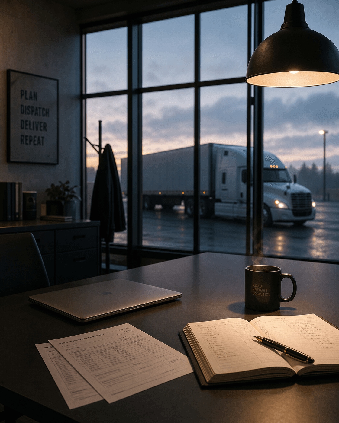 Veritor Group dispatcher's office at first light — desk with ledger, printouts and a closed laptop, an out-of-focus white semi-truck visible through the window