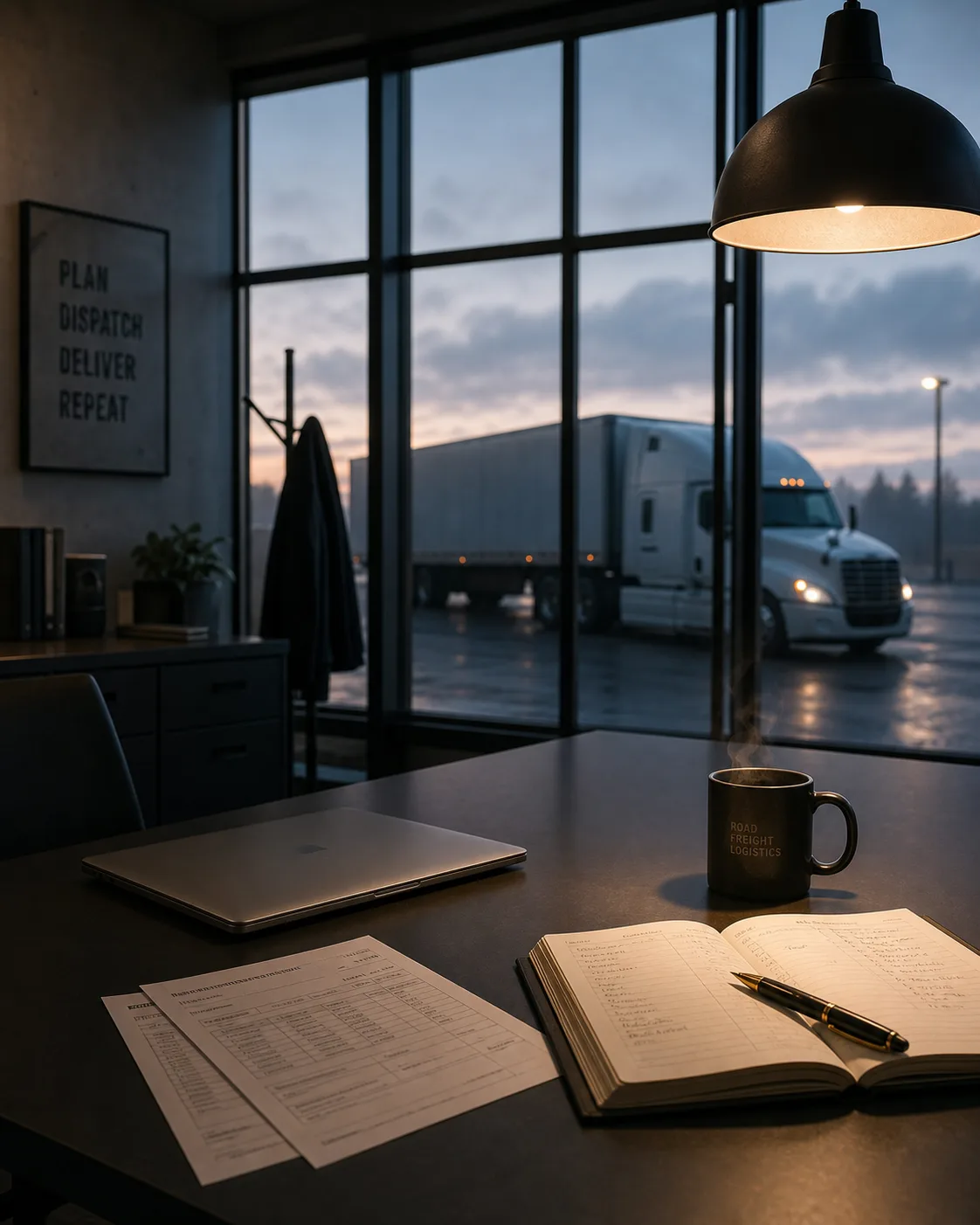 Veritor Group dispatcher's office at first light — desk with ledger, printouts and a closed laptop, an out-of-focus white semi-truck visible through the window