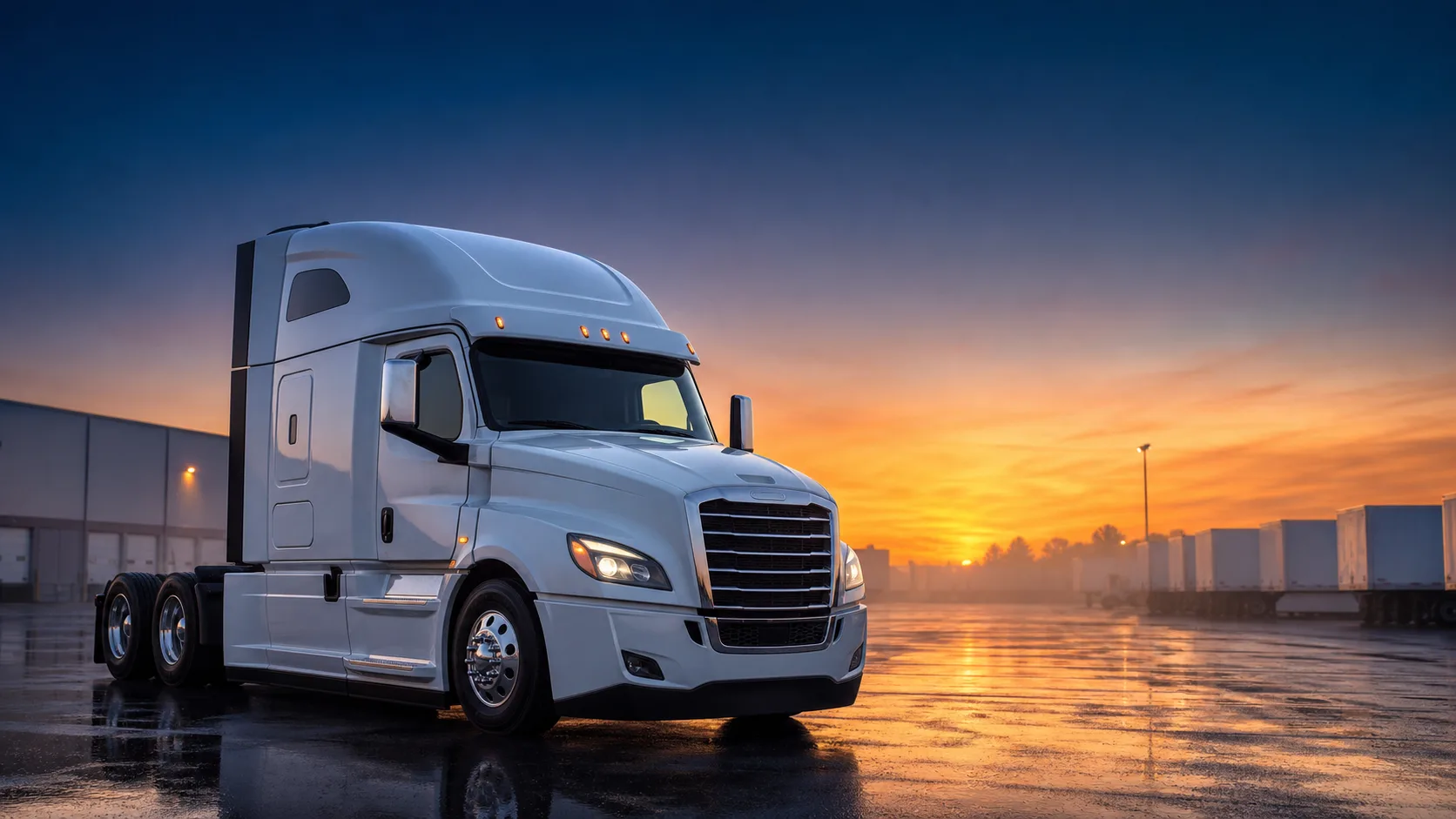 Tractor-trailer on an interstate at dusk