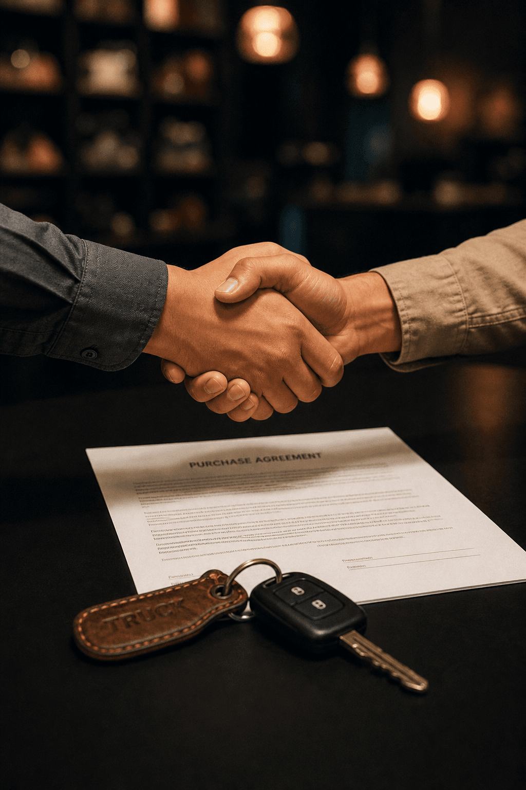 Two hands meeting in a handshake across a matte-black desk over a folded purchase agreement and a set of truck keys