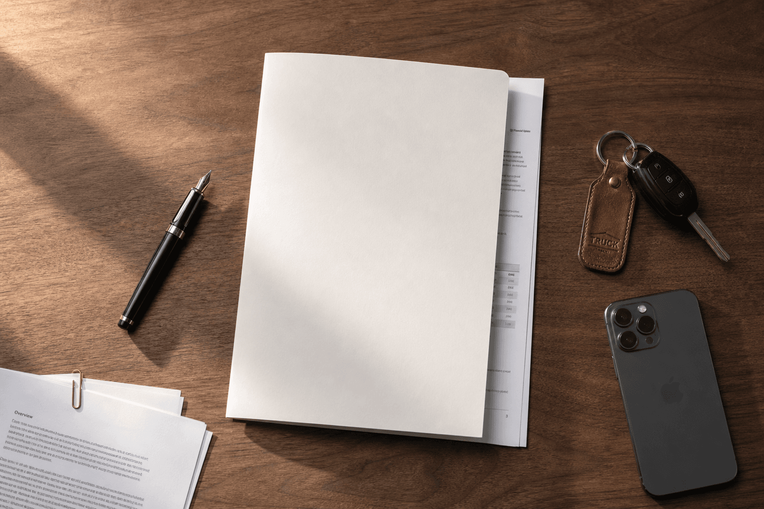 Top-down flat lay on a warm walnut desk — folder with documents, fountain pen, set of truck keys on a leather fob, smartphone